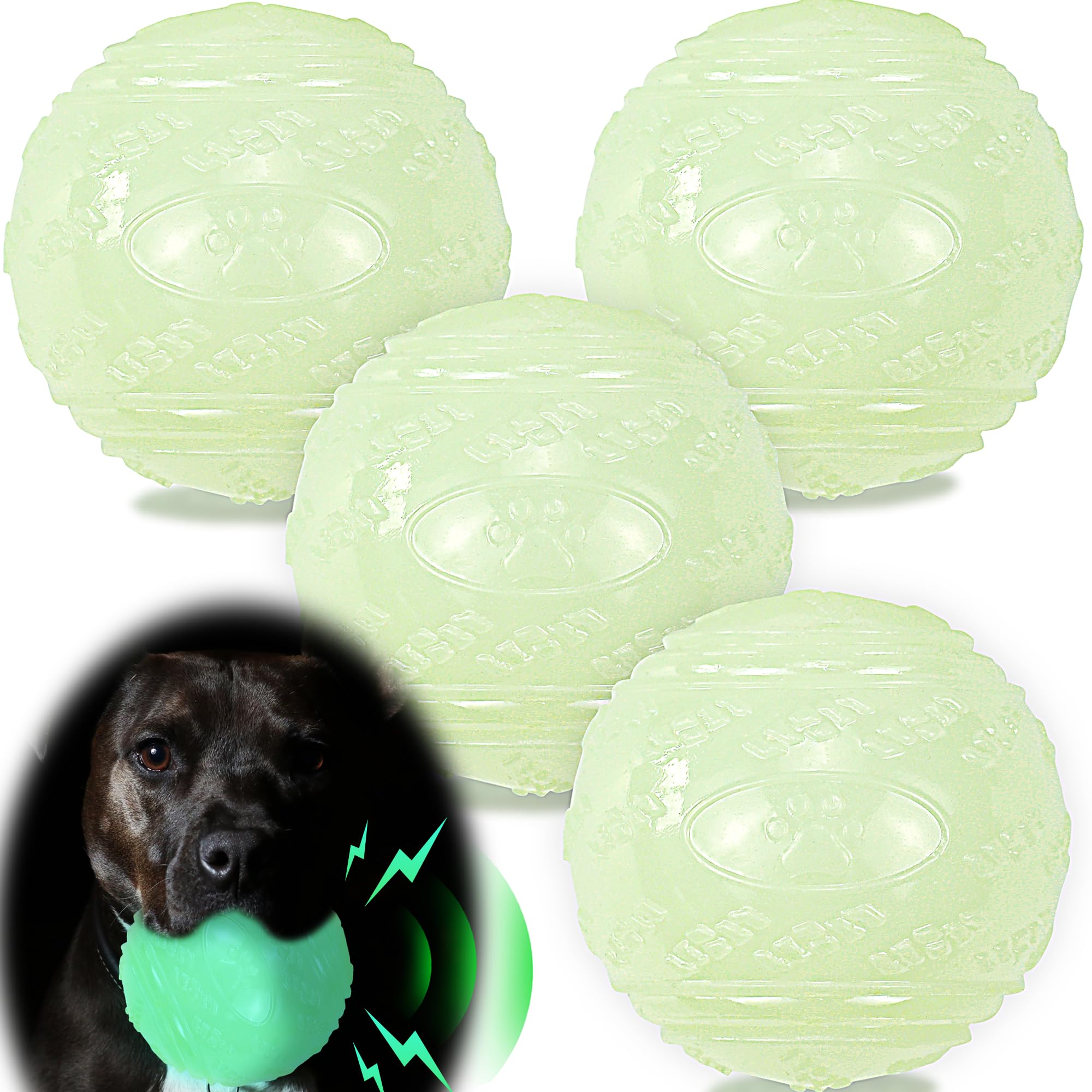 Photo 1 of LECHONG 4-Pack 3.5” Glow Squeaky Dog Balls,Bouncy Glow in The Dark Dog Ball with Squeaker, Durable Dog Rubber Ball Toys Glowing Fetch Balls for Medium Large Dogs Nighttime Playing Indoors & Outdoors