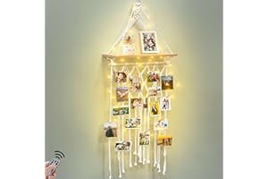 Homecor Macrame Hanging Photo Display Wall Decor with Wooden Shelf, Boho Room Bedroom Decor, Picture Card Frame Collage Board with Light 30 Clips, Teenage Teen Girl Gifts Ages 10 11 12 13 14 Years Old