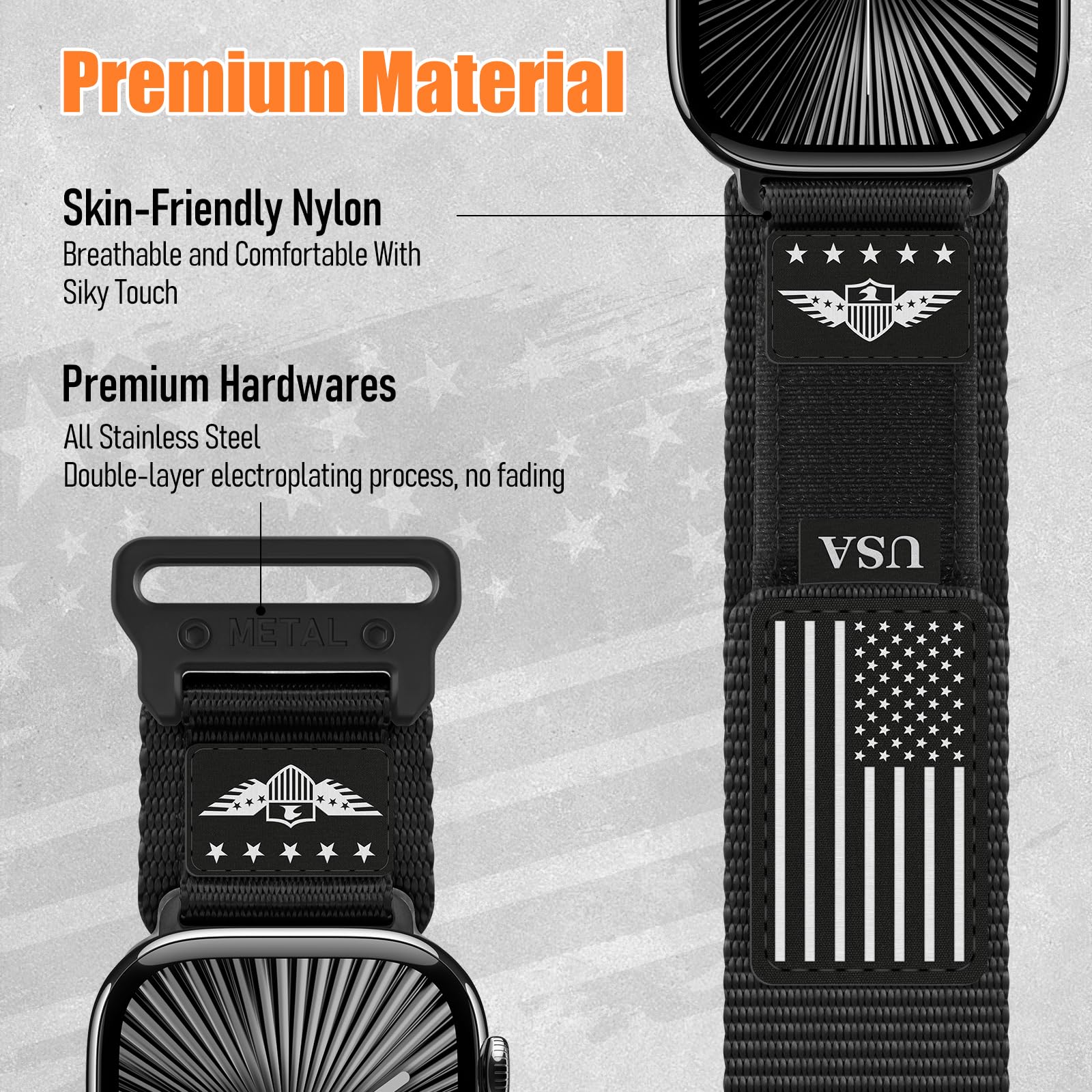 Rugged Nylon for Apple Watch Ultra 2 Band 49mm iWatch Bands 46mm 45mm 44mm 42mm Men,Soft Woven Adjustable Stars-Stripes Flag Wristbands Strap for Apple Watch Ultra Series 10/9/8/7/6/5/4/3/SE/Ultra2