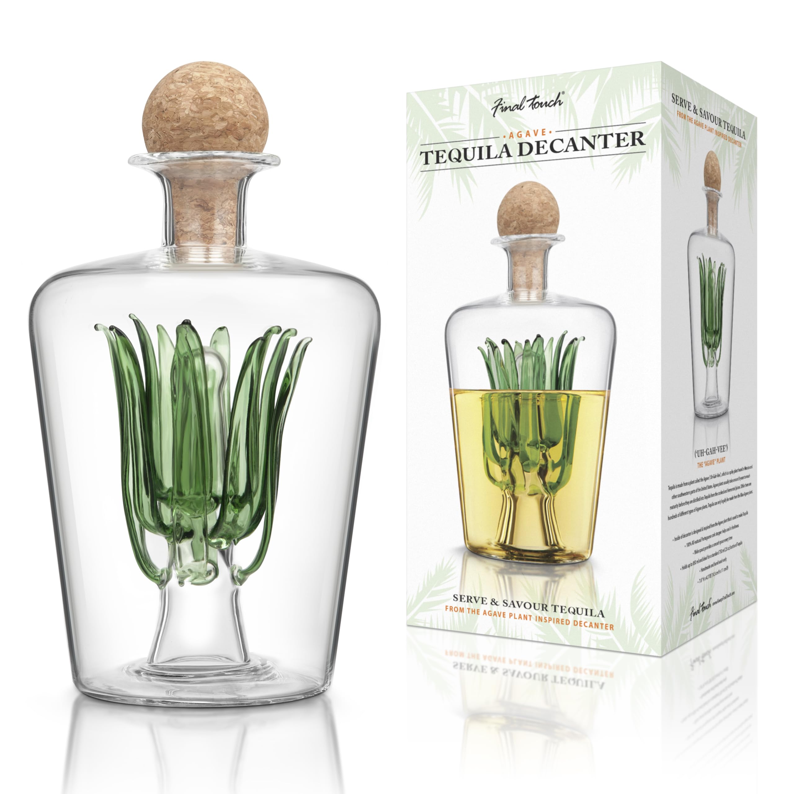 Final Touch Agave Tequila Decanter - With All-natural Portuguese Cork Stopper Holds 850 ml Of Liquor Spirits