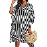 Ekouaer Women's Swimsuit Cover Up 3/4 Sleeve Beachwear Bikini Coverups Button Down Oversized Cover Up Shirt S-3XL
