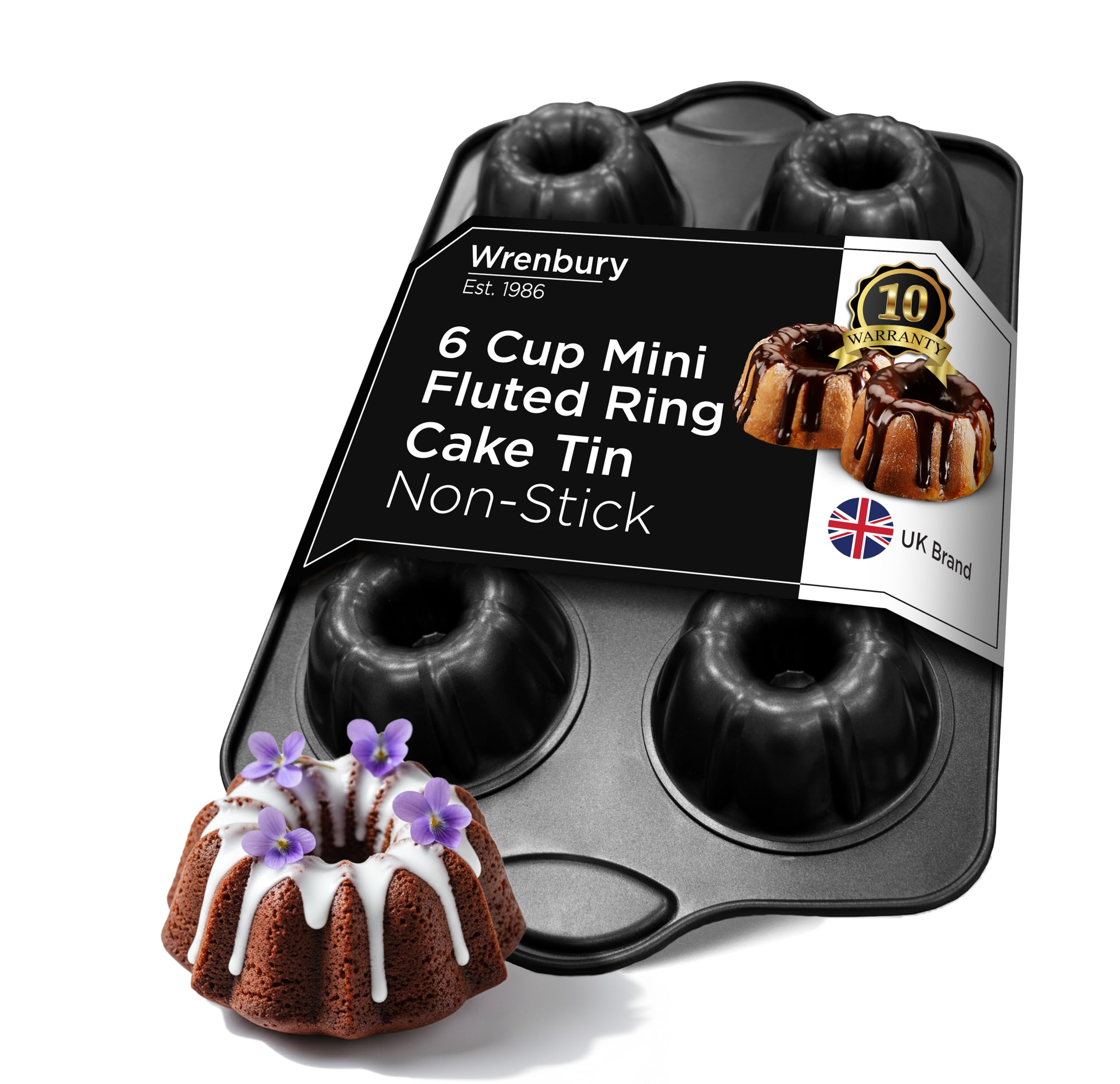 Wrenbury Mini Fluted Cake Tin 6 Cup Deep Non-Stick — Carbon Steel Ring Cake Mould for Perfectly Shaped Individual Fluted Buns — Easy Release PFOA Free Tube Pan — 9.5cm Cup Oven & Dishwasher Safe