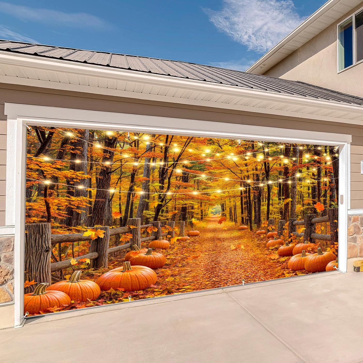Photo 1 of (used) Fall Maple Leaves Garage Door Cover Banner Decorations, Thanksgiving Autumn Forest Pumpkin