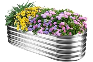 YSEJOMP 17" Tall Outdoor Garden Raised Garden Bed Kits, 5ft X 2ft Oval,0.8MM Thick Metal Raised Planter Bed/Ground Planter Box for Variety of Flowers,Herbs,Vegetables (Silver, 60X24X16.5 Inches)