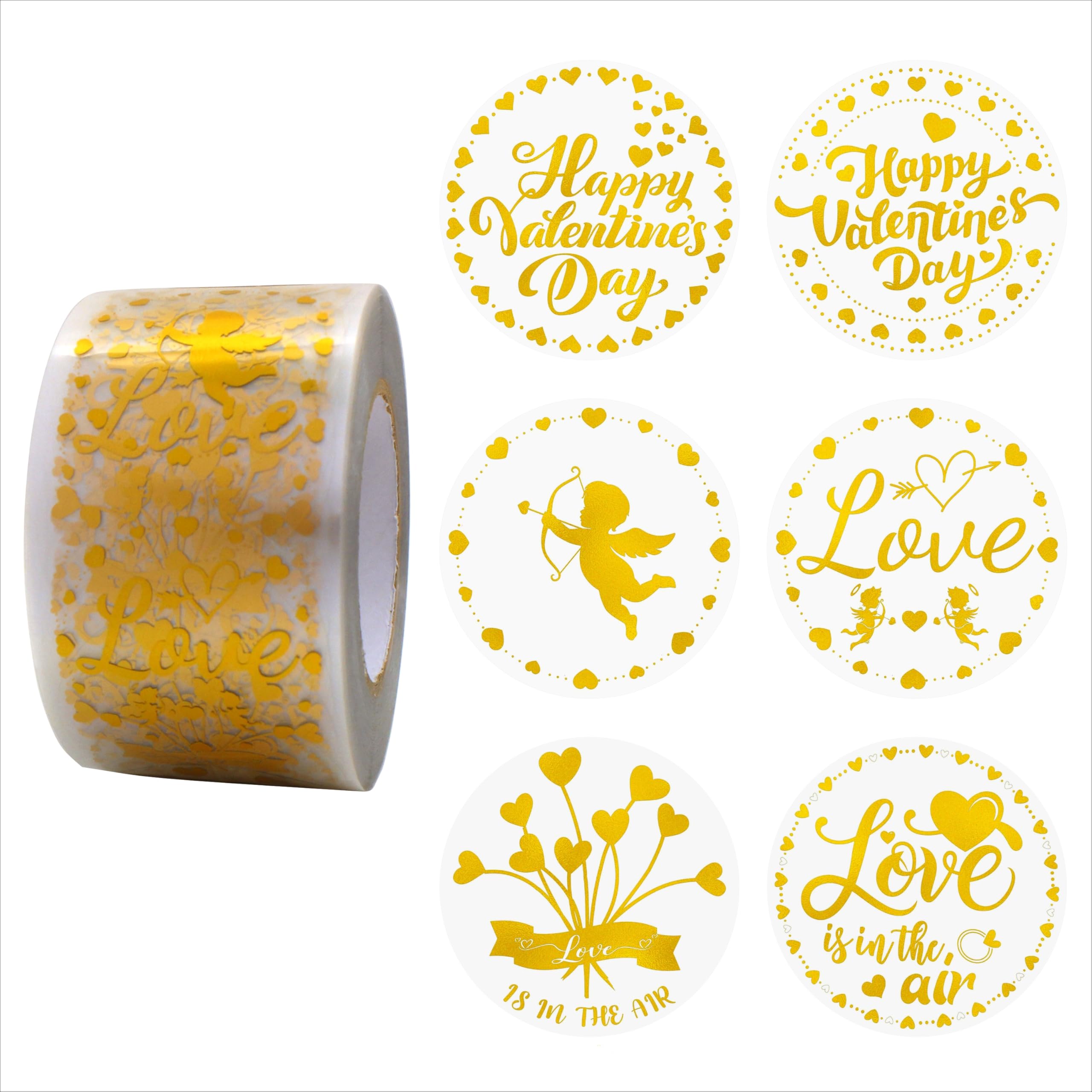 Masper Valentines Stickers, 3.8 cm, 600 Sheets, 6 Waterproof Transparent Gold Foil Shiny Designs, Valentine's Day Stickers for Valentine's Day Decorations Gifts Cards Crafts Bags Envelopes — image 1