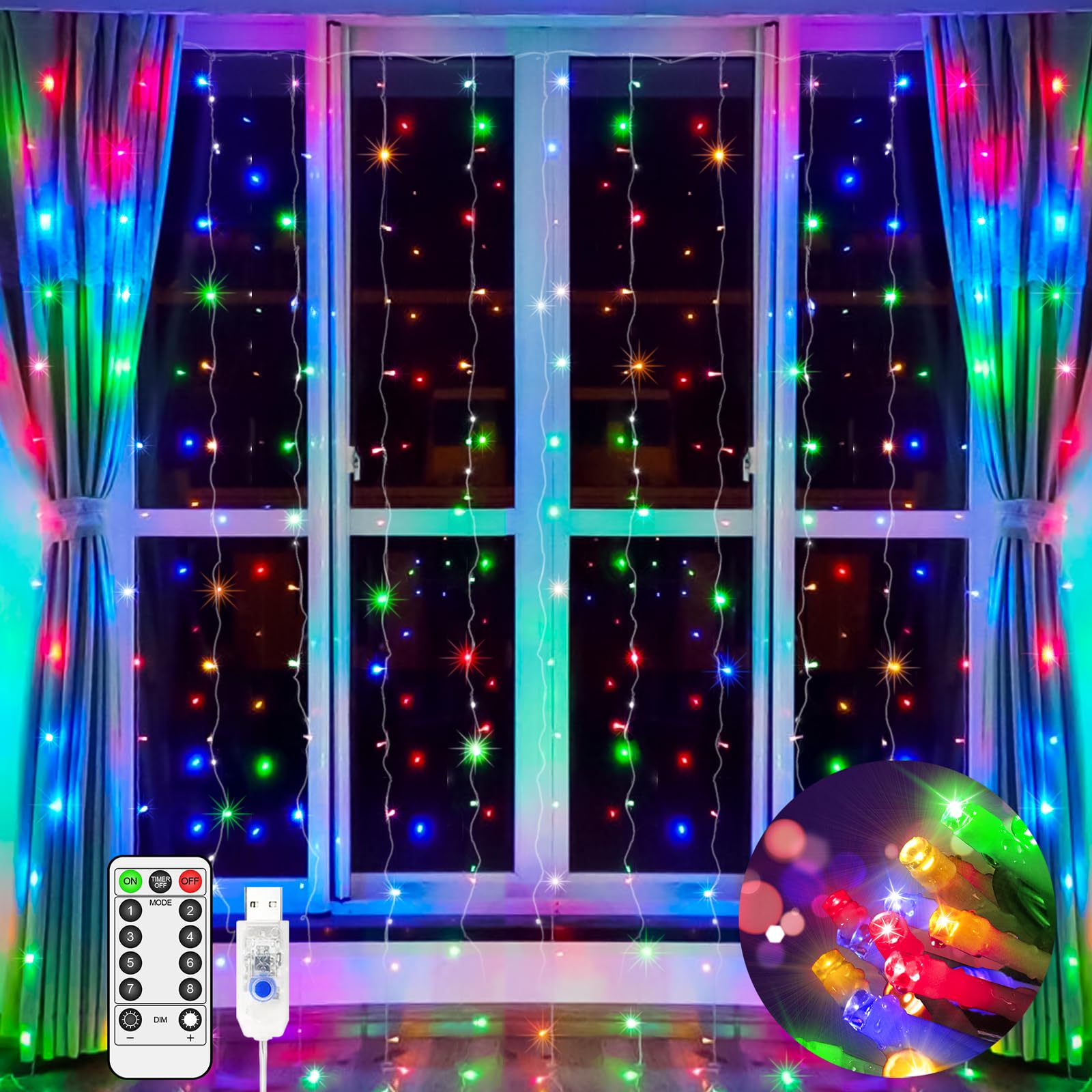JXLEDAYY Curtain Fairy Lights Outdoor Waterproof 2Mx2M 200 LED String Lights Plug in Window Lights USB Remote Timer 8 Modes for Indoor Bedroom Wall Wedding Party Christmas Decoration-Multicoloured