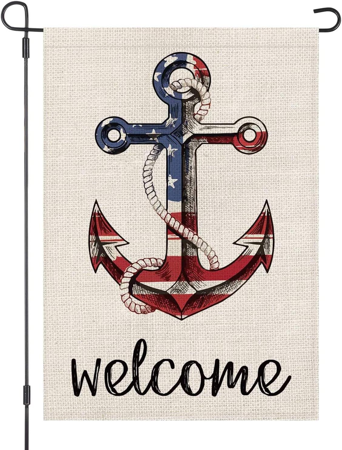 LOYOKI Welcome Anchor USA Stars and Stripes House Garden Flag Burlap Double Sided Yard Outdoor Decoration 12.5 x 18 Inch