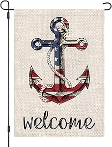 LOYOKI Welcome Anchor USA Stars and Stripes House Garden Flag Burlap Double Sided Yard Outdoor Decoration 12.5 x 18 Inch
