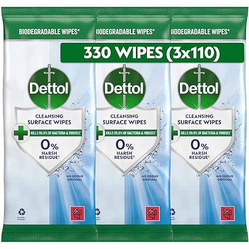 Dettol Antibacterial Cleansing Surface Wipes, Fragrance Free, 330 Wipes (110 x 3pck) Disinfectant, Home Hygiene, Biodegradable, Kills 99.9 Percent of Germs