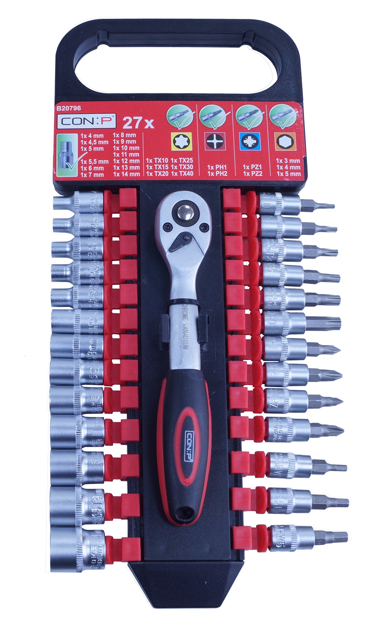 CON:P B20796 Socket with Ratchet, Set of 27 Pieces