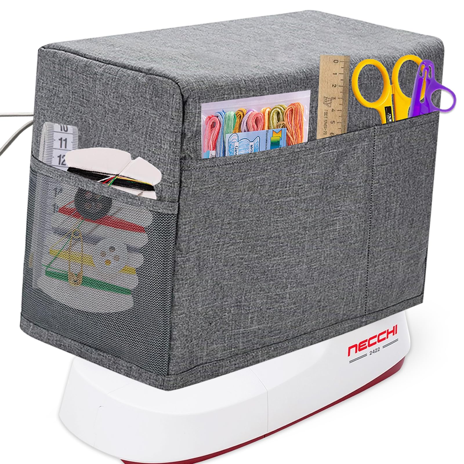 Sewing Machine Cover, Protective Cover with Storage Pocket and Side Handles, Sewing Machine Cover Dust Cover for Most Standard Sewing Machine etc, Printed Sewing Patterns(Grey)