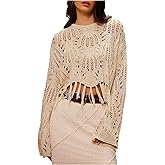 GORGLITTER Women's Crochet Poncho Boho Fringe Long Sleeve Knit Cropped Top Western Rave Cowgirl Outfits