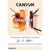 CANSON Graduate Mixed Media 200gsm A5 Paper, Double Sided: Grained and Smooth, Pad Glued Short Side, 30 Natural Sheets, Ideal for Student Artists