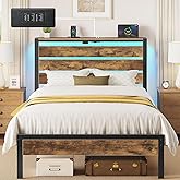 Rolanstar Bed Frame Twin Size with USB Charging Station, LED Bed Frame with Wood Storage Headboard, Rustic Brown Metal Platform Bed with Under Bed Storage, No Box Spring Needed, Noise Free