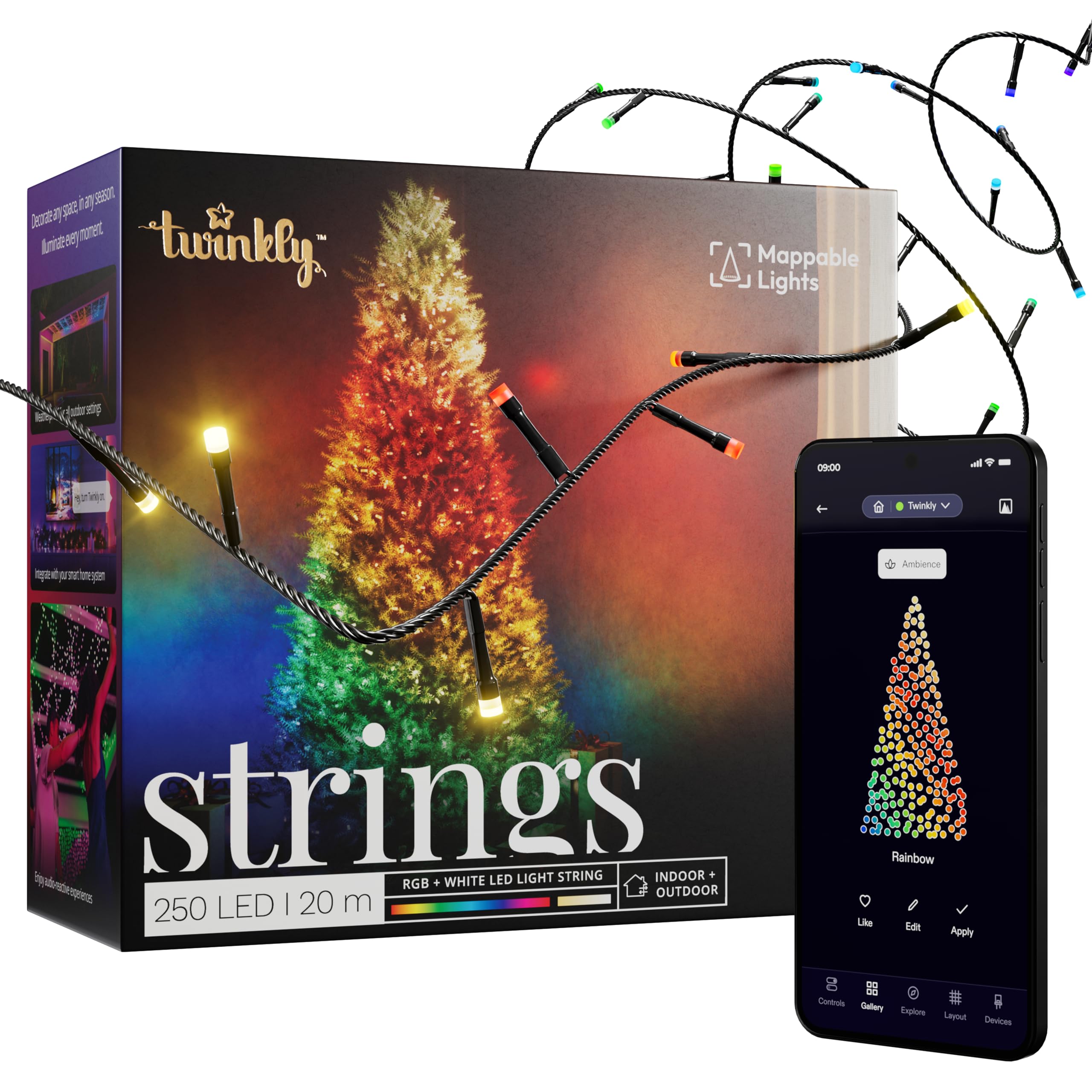 Twinkly Strings 250 LED RGB+ White, LED Light String, in- and Outdoor Smart Multicolor LED Lights, Mappable LEDs, Compatible with Alexa and Google Home, IP44, Black Wire, 20m