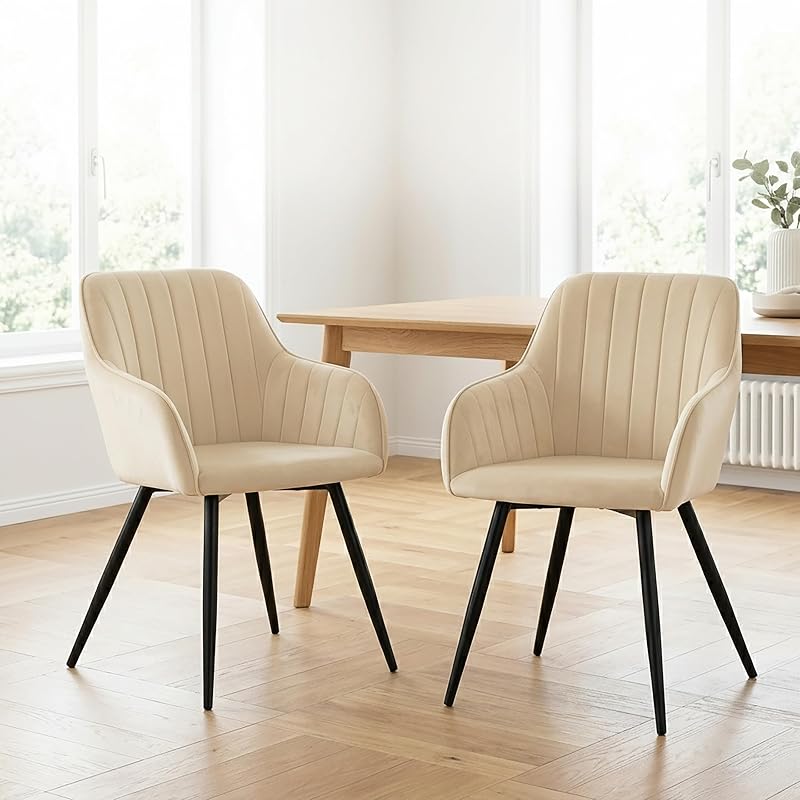 Silla de Comedor, Set 2, Terciopelo, Patas Metal, Brazos, Beige