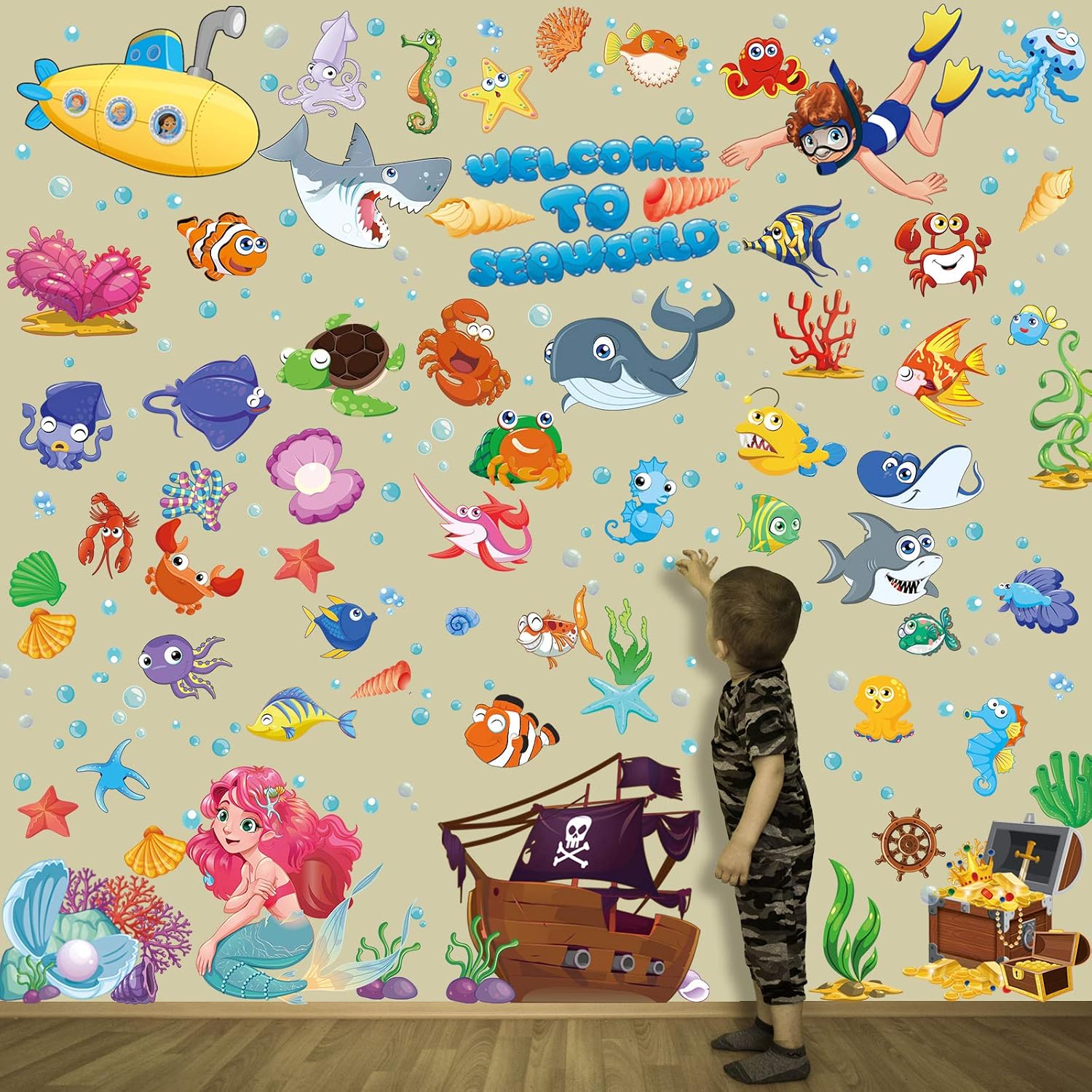 Mermaid Wall Stickers - Undersea Watercolor Ocean Animal Stickers for Kids Bathroom Bedroom Playroom Decoration - Image 5