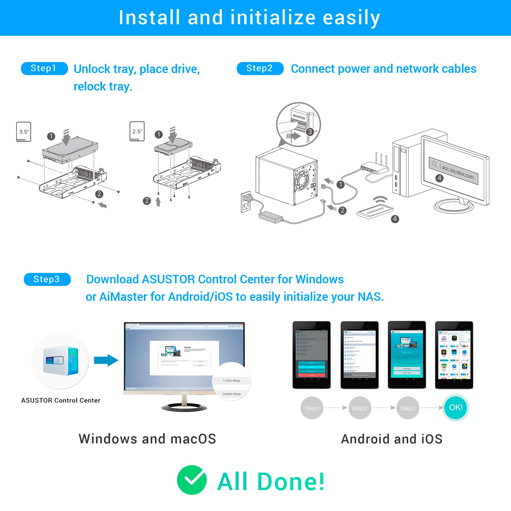 Asustor Lockerstor 4 AS6604T - 4 Bay NAS, Quad-Core 2.0GHz CPU, 2 2.5GbE Ports, 4GB RAM DDR4, 2 M.2 SSD Slots, Network Attached Storage (Diskless)