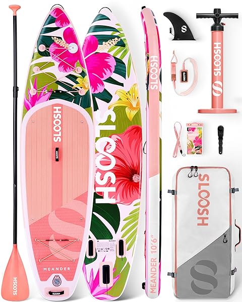 SLOOSH INFLATABLE STAND UP PADDLE BOARD, 10’6″ INFLATABLE PADDLE BOARDS WITH PREMIUM ACCESSORIES, NON-SLIP EVA DECK, ULTRA-LIGHT CARRY BAG, MEANDER SUP FOR YOUTH & ADULTS, TROPICAL SUNRISE