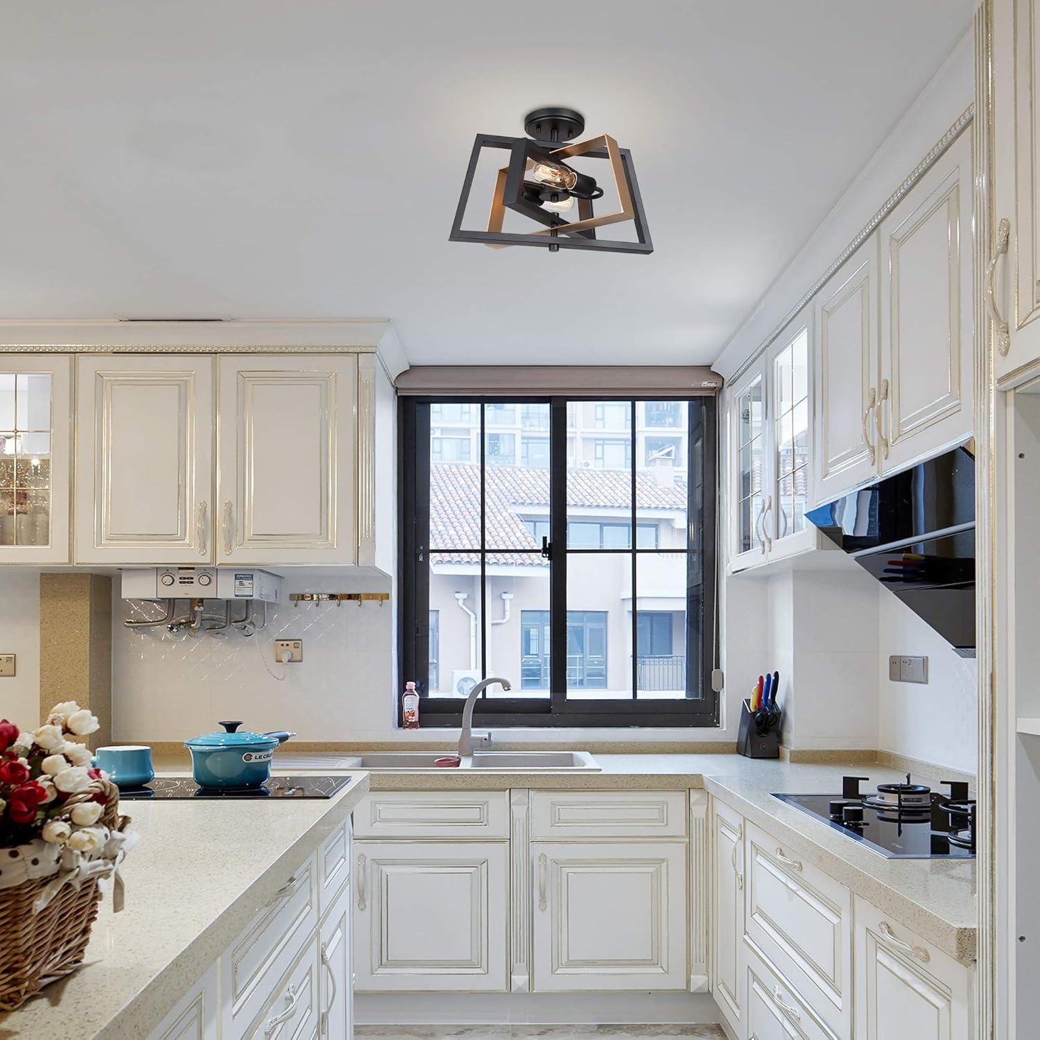 KSANA Semi Flush Mount Ceiling Light with Rotatable Frame, Modern Square Light Fixture for Bedroom, Living Room, Kitchen, Closet, Hallway, Laundry Room (Black and Dark Gold Finish) - - 