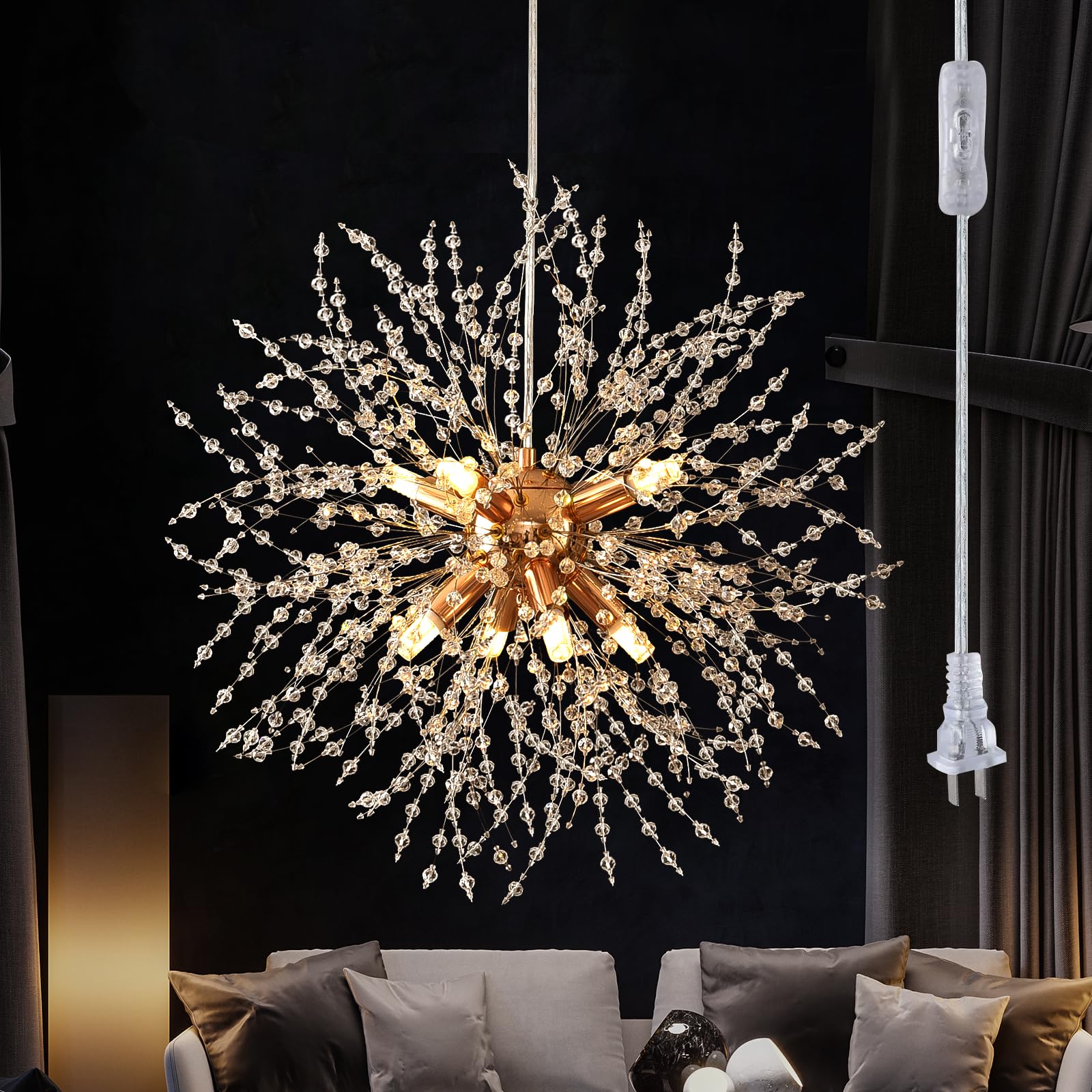 Photo 1 of HOXIYA Modern Crystal Chandeliers Firework, Plug in Dandelion Chandelier, Gold Sputnik Pendant Light for Bedroom Foyer Hallway Entryway Kitchen, 8 Light Firework Dandelion Chandelier, G9 Socket