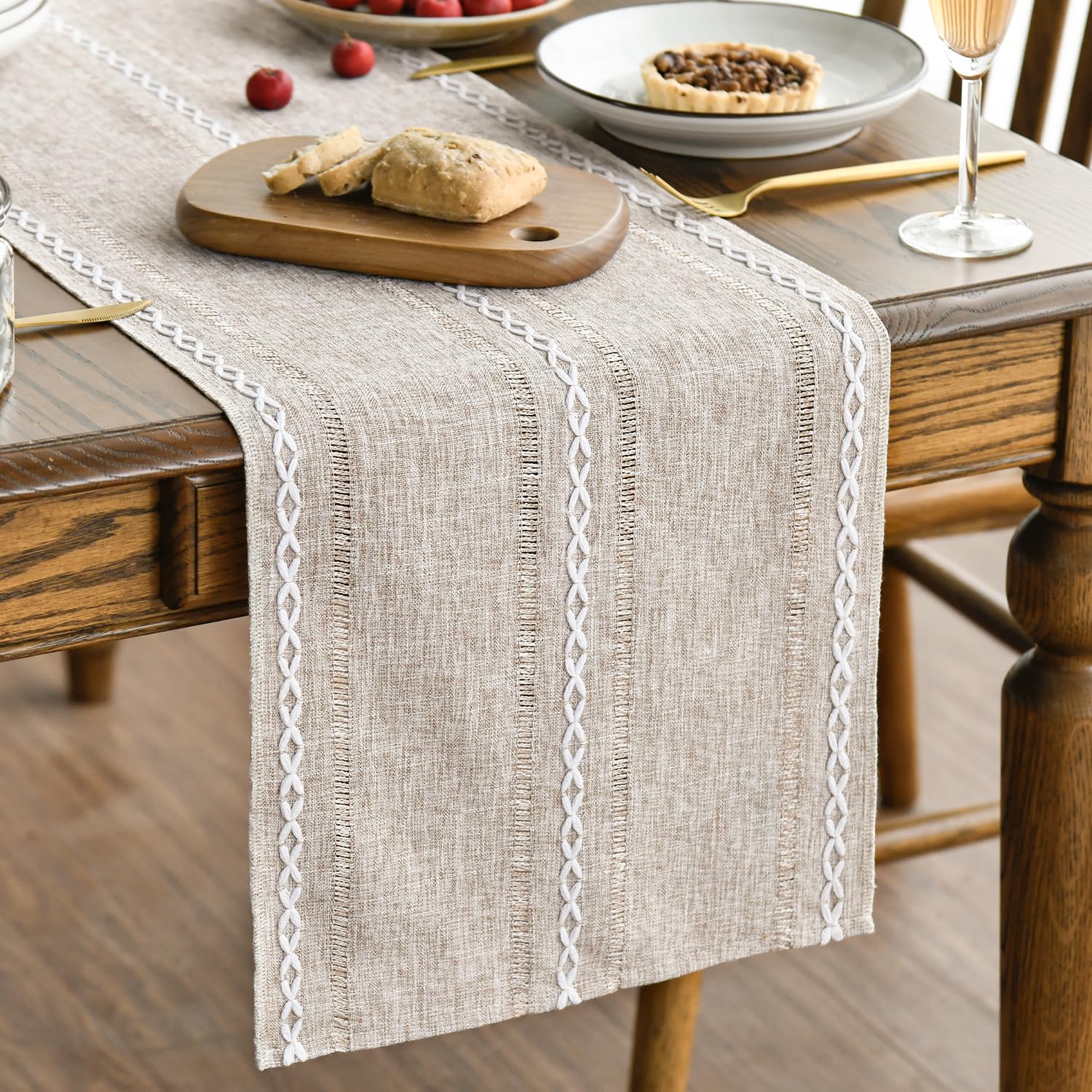 Photo 1 of Artoid Mode Brown Rustic Cotton Linen Table Runner, Seasonal Embroidered Hollow Kitchen Dining Table Decoration for Home Party Decor 13x72 Inch