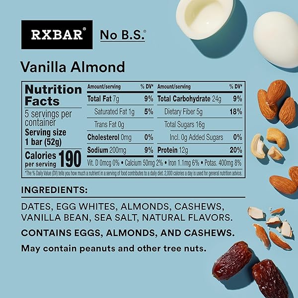 RXBAR PROTEIN BARS, 12G PROTEIN, GLUTEN FREE SNACKS, VANILLA ALMOND, 9.15OZ (5 BARS)