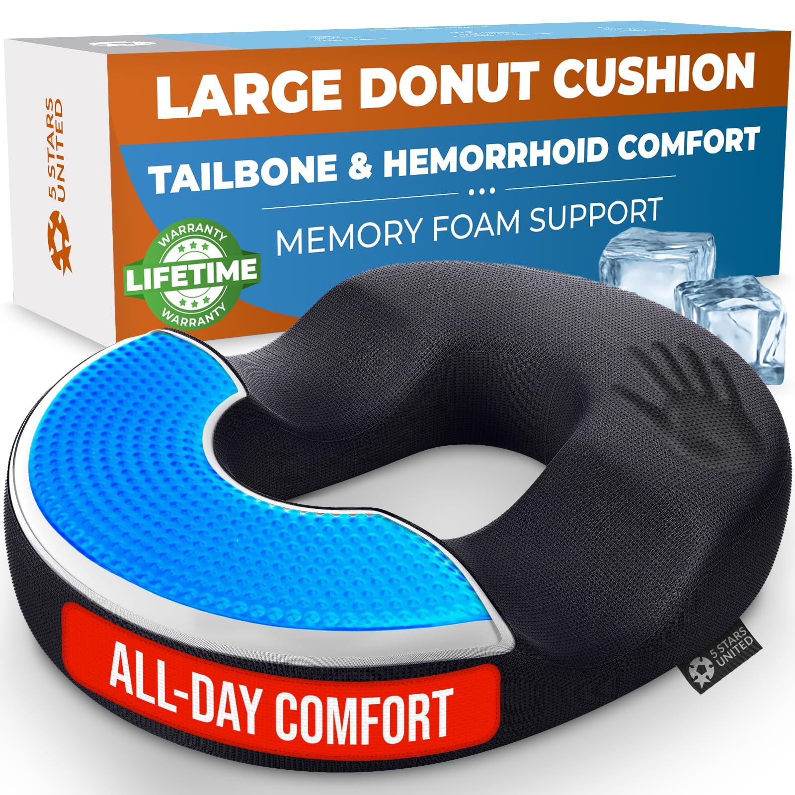 Photo 1 of 5 STARS UNITED Donut Pillow Hemorrhoid Tailbone Cushion – Large Chair Pad for Pain Relief – Coccyx, Prostate, Sciatica, Pelvic Floor, Pressure Sores, Pregnancy, Postpartum Recovery, Arctic Black