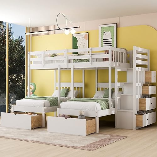 Triple Bunk Bed Full Over 2 Twin Bunk Bed with 7 Drawers and Staircase, Bunk Bed for Family