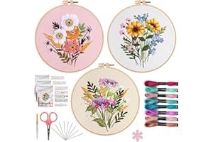 OFFIZON 3 PCS Embroidery Kit for Beginners - Cross Stitch DIY Craft Set, Flower Embroidery Accessories & Hoop Included, Hand 