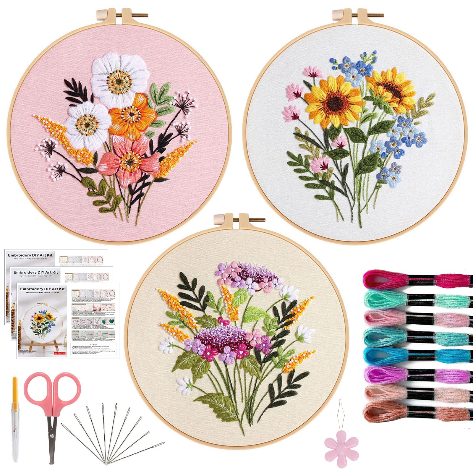 Offizon 3PCS Embroidery Kit for Beginners - Cross Stitch DIY Craft Set, Flower Embroidery Accessories & Hoop Included, Hand Embroidery Kit for Adults Stitching Sewing Kit Gift | FlowerB Patterns