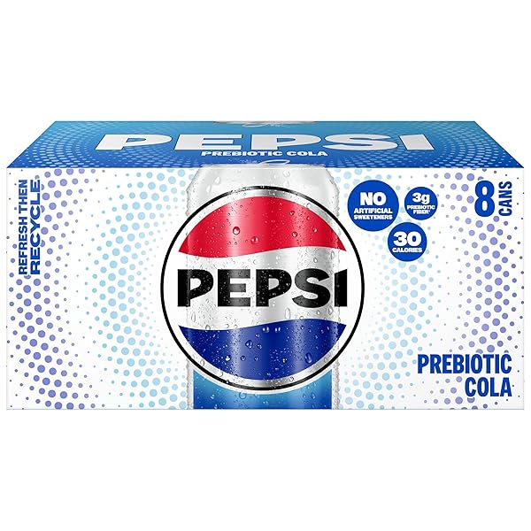 PEPSI PREBIOTIC COLA, 12 FL OZ CANS (8 PACK), 30 CALORIES, 3G PREBIOTIC FIBER, 5G SUGAR, SODA POP