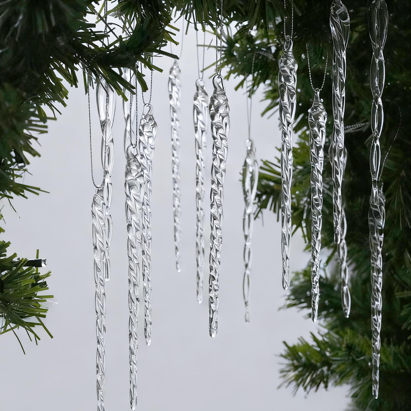 Photo 1 of 100 Pcs Icicle Ornaments for Christmas Tree Decorations, Glass Icicles Tree Ornaments, Decorative Crystal Hanging Christmas Decorations for Xmas Frozen Winter Wonderland Wedding Party Decor