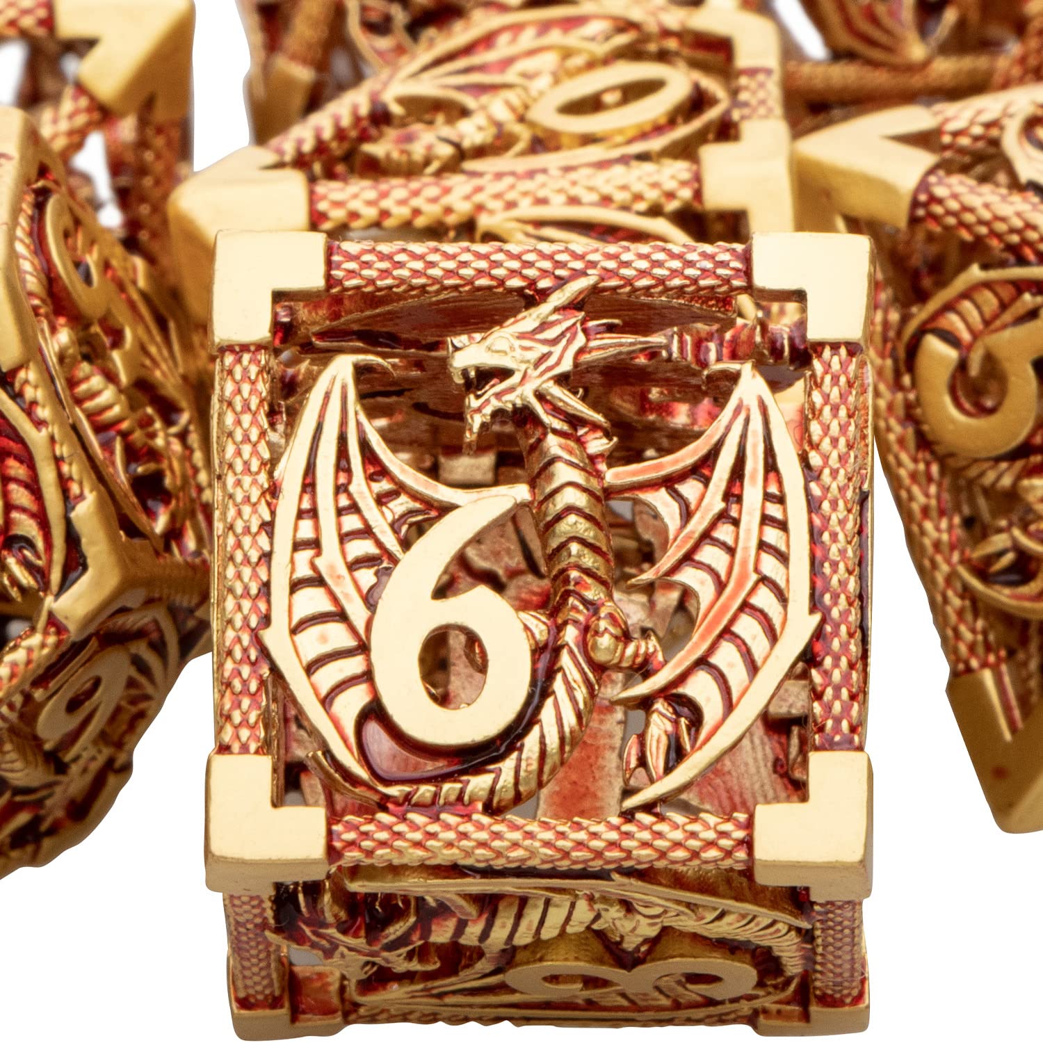 ARUOHHA Hollow DND Dice Set 7PCS Golden Red Dragons Metal Dice with Gift Box, D and D Dice RPG Role Playing Games, Dungeons Polyhedral Dice Set D20 D12 D10 D8 D6 D4 — image 1