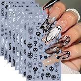 Halloween Nail Stickers 8 Sheets Self-Adhesive Gothic Nail Decals Black White Ghost Pumpkin Spider Web Skull Flame Nail Art Stickers with Silver Glitter Design Halloween Manicure Decorations for Women