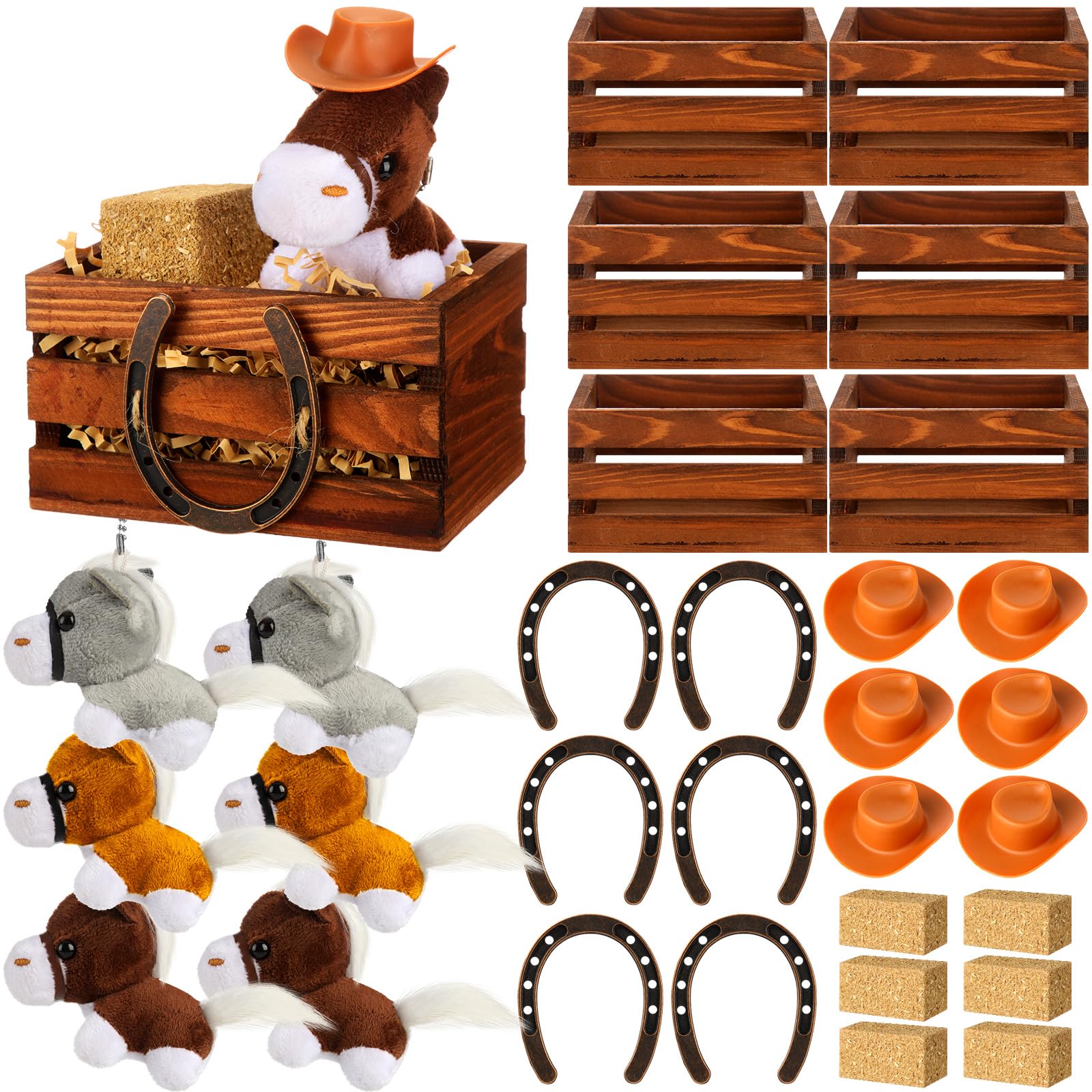 Photo 1 of Amyhill 31 Pcs Western Party Supplies Horse Plush Mini Cowboy Hats Horseshoe Decor Hay Bales for Decoration Vintage Wood Crates Table Centerpieces for Home Cowboy Party Wedding Birthday