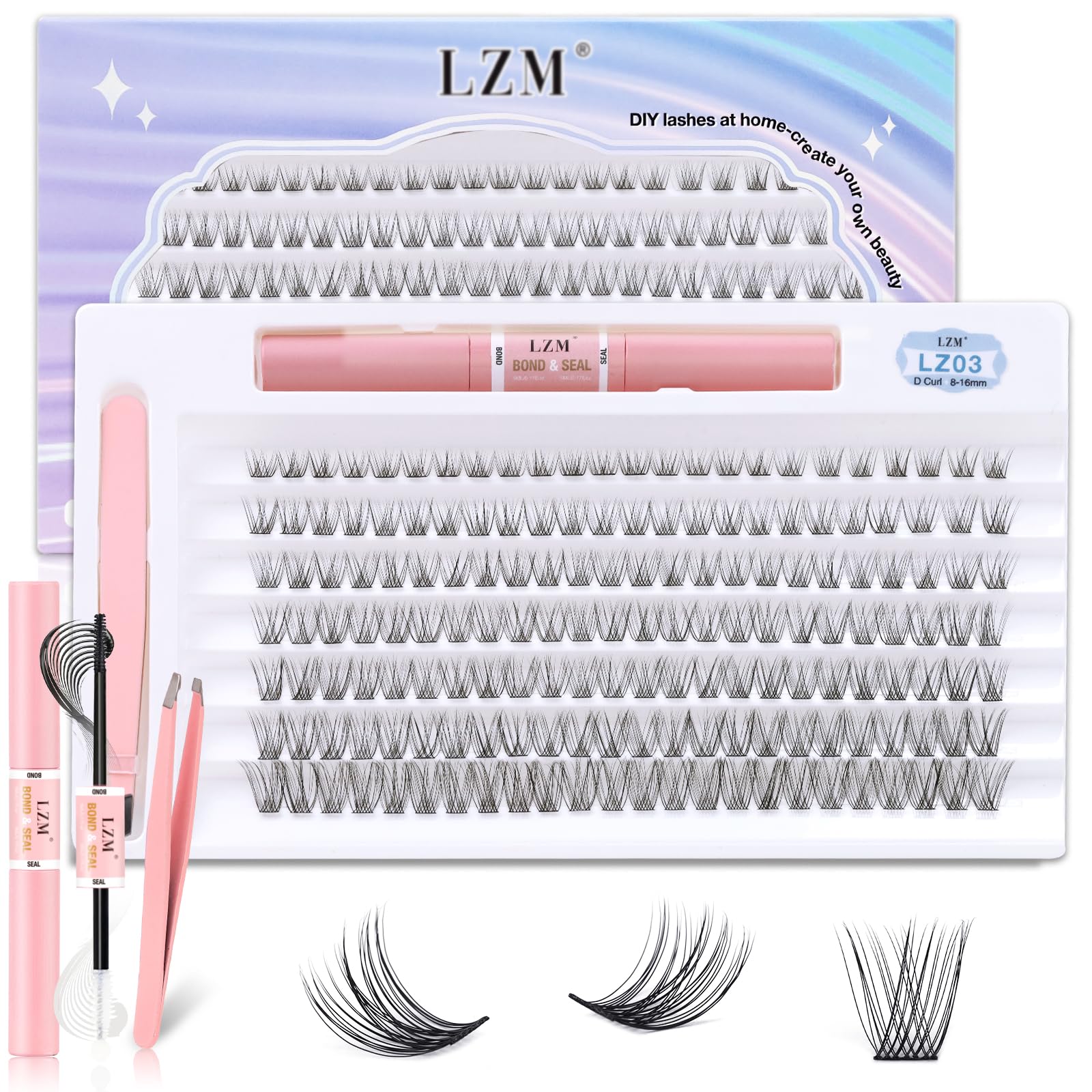 LZM Cluster Eyelash Extensions Kit Lash Clusters Natural Look with Lash Bond & Seal and Tweezers