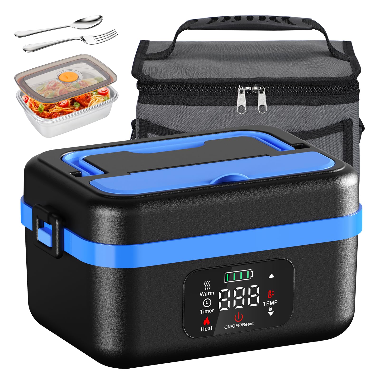 Photo 1 of (USED) Dnin Cordless Electric Lunch Box, Battery Powered Heated Lunch Boxes, 1 Liter Food Insulated Food Warmer Box with Fork and Spoon Insulated Carrying Pouch for Truck Drivers Blue Collar and Adults