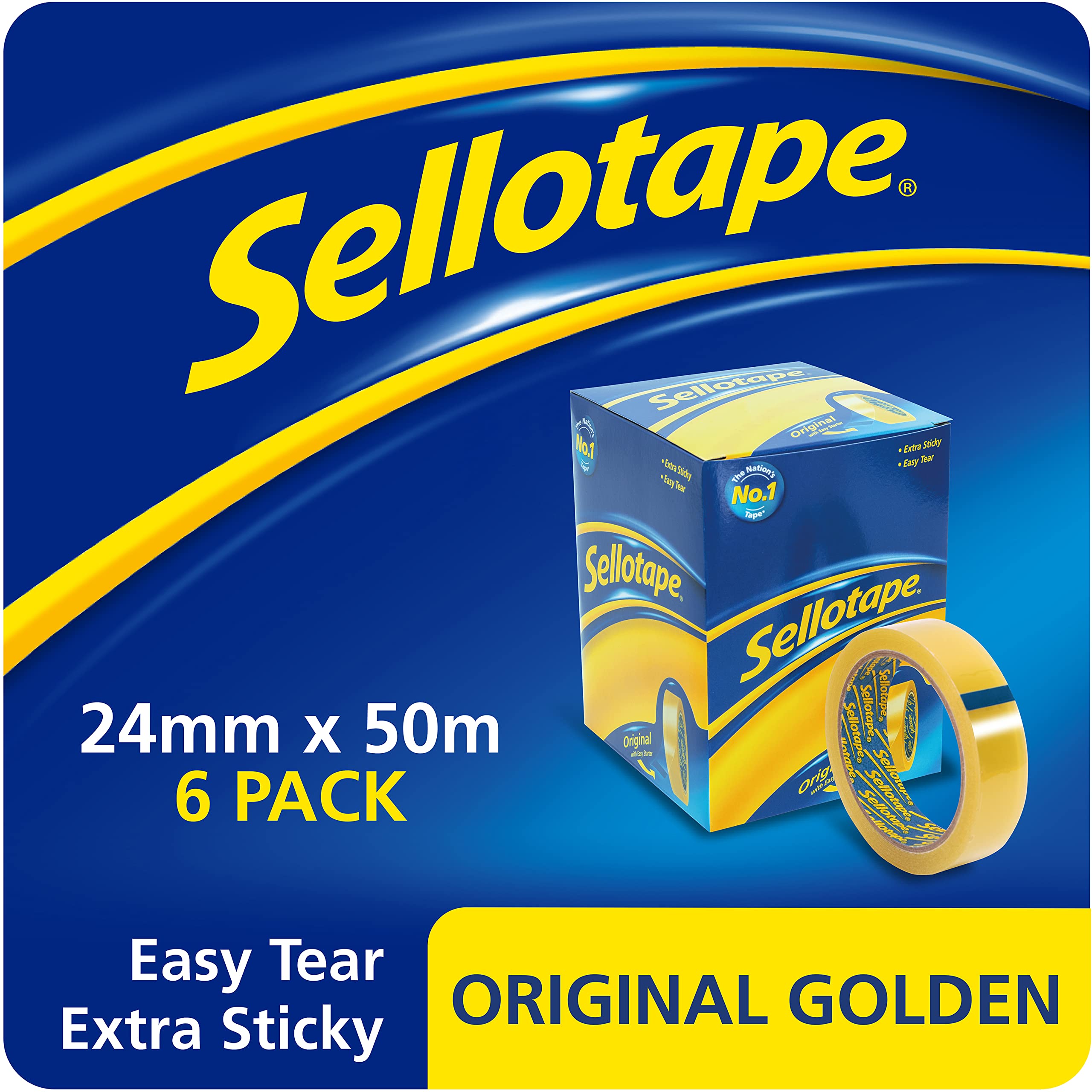 Sellotape Original Golden, Multi-Purpose Clear Tape for Household Objects, Clear Packing Tape for Sticking Envelopes or Cards, Easy to Use Packaging Tape, 24mm x 50m, Pack of 6