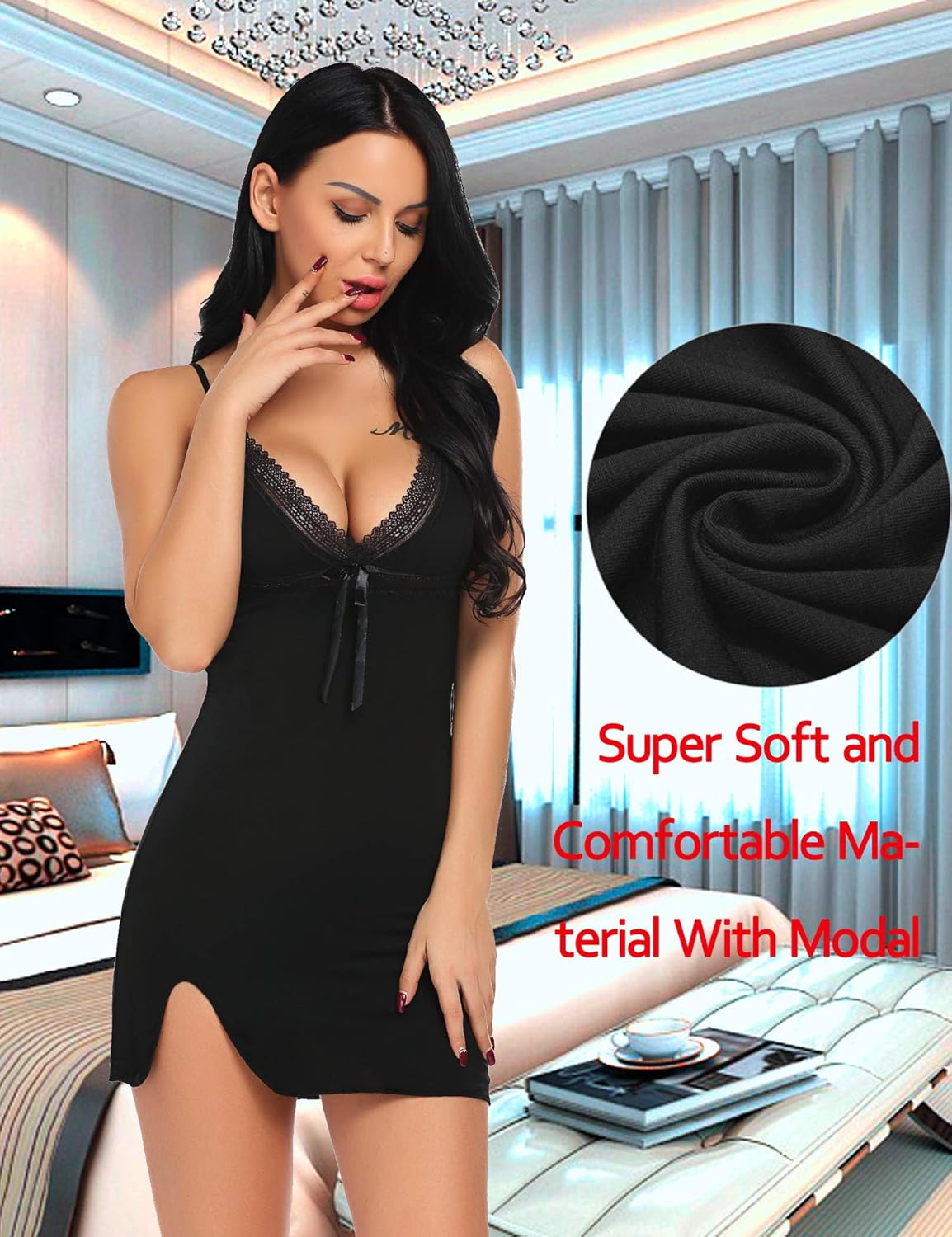ADOME Cotton Sleepwear Women V Neck Chemise Nightgown Lace Lingerie Full Slip Dress: Clothing