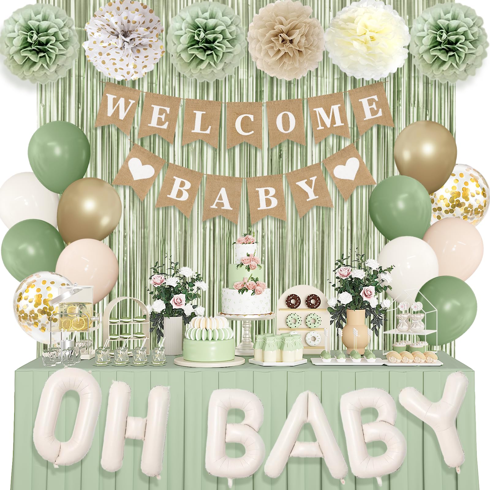 Photo 1 of Ouddy Party Sage Green Neutral Baby Shower Decorations with Welcome Baby Banner Champagne Nude Sand White Foil Balloons Fringe Curtains Paper Pom Poms for Boho Baby Shower Gender Reveal Party Supplies