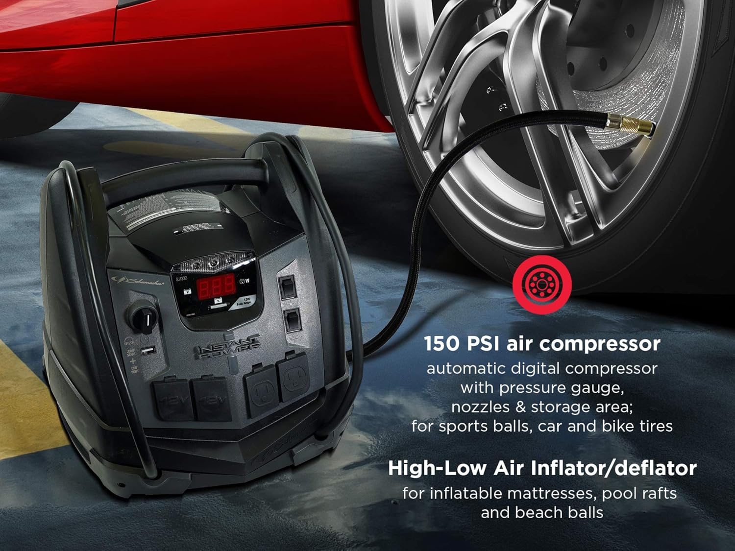 Schumacher SJ1332 1200 Amp Portable Power Jump Starter with AC/12V DC/2 Apmp USB Power plus Compressor with High/Low Inflater/Deflater and Light: Automotive