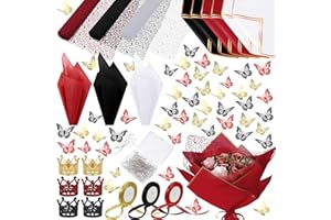 Qilery 334 Pcs Flower Wrapping Paper Set,153 Waterproof Floral Bouquet Wrapping Paper,72 3D Gold Butterfly Decoration,100 Pins, 6 Crowns and 3 Ribbons for DIY Craft(Red, Black, White)