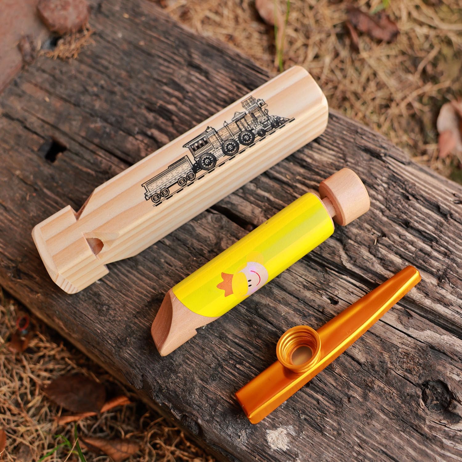 Fartime 3PCS—Wooden Train Whistle,Wooden Slide Whistle and Gold Aluminum Alloy Kazoo for Music Instrument Gifts Wood Musical Instrument Educational Toys