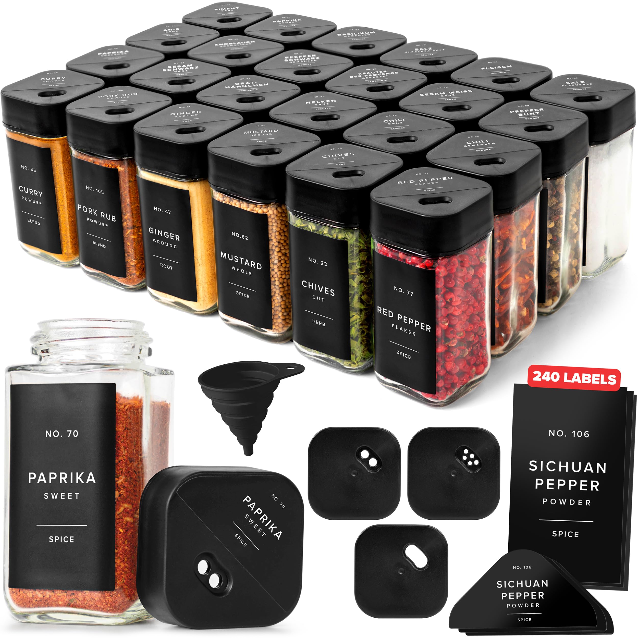 Photo 1 of *MAJOR DAMAGE*
EDELHAUS Square Spice Jars with Adjustable Rotating Lids (24 Pack) – 4oz Glass Spice Jars with 240 Labels, Funnel & Brush – Airtight Spice Containers for Kitchen Organization