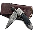 WolfKlinge Damascus Folding Tactical Knife – Best Choice for EDC, Hunting, Survival, Camping, and Skinning – Full Tang Micarta Handle & Handcrafted Leather Sheath – Ultimate Gear for Men and Women (DCF21-25)