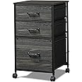 DEVAISE Mobile File Cabinet, Rolling Printer Stand with 3 Drawers, Fabric Vertical Filing Cabinet fits A4 or Letter Size for Home Office, Charcoal Black Wood Grain Print