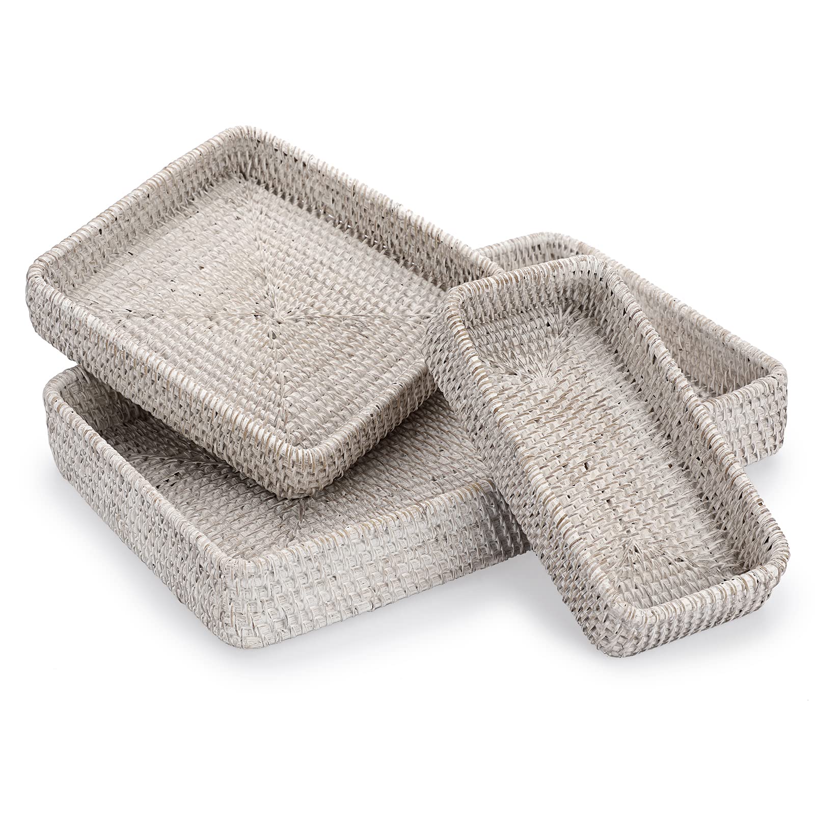 IGNPION Set of 3 Rattan Serving Tray Decorative Display Table Storage with Handle Desktop Organiser for Tableware, Kitchen, Makeup, Vanity, Jewelry, Candle, Ornament(Whitewash), IGPUK0568