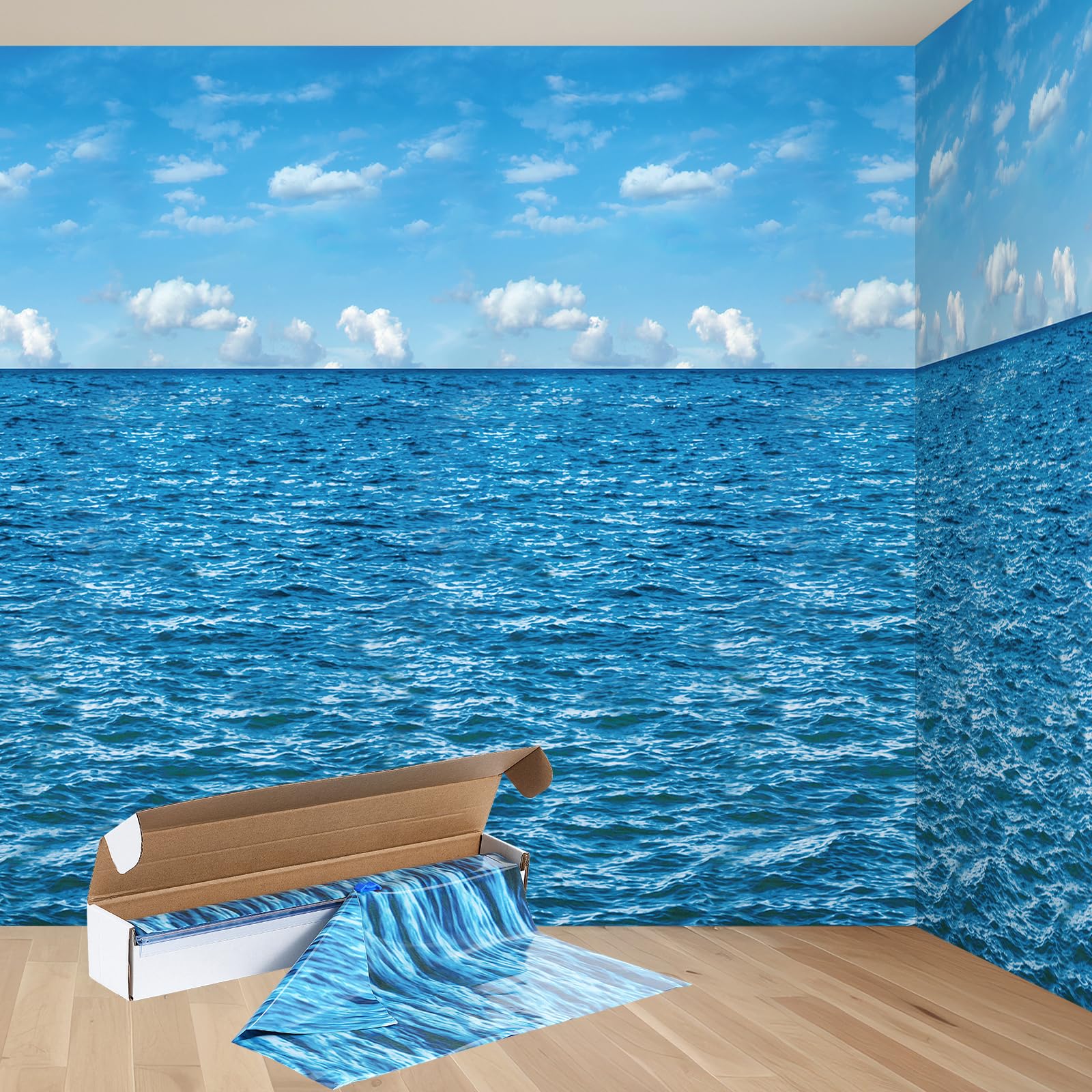 Photo 1 of 4.5x33 Ft Ocean Sky Wall Backdrop Decorations,Roll of Plastic Blue Ocean Sky White Clouds Photography Background,Under The Sea Natural Scenery Wallpaper Summer Weeding Birthday Pool Party Photo Props