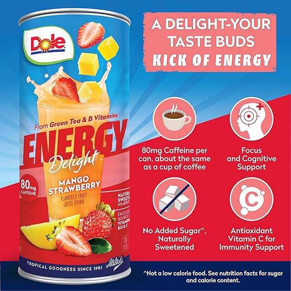 DOLE ENERGY DELIGHT FLAVORED FRUIT JUICE DRINK, MANGO STRAWBERRY, NO ADDED SUGAR, EXCELLENT SOURCE OF VITAMINS B6, B12 & C, FROM GREEN TEA & B VITAMINS, 80MG CAFFEINE, 8 FL OZ (PACK OF 4), 4 CANS